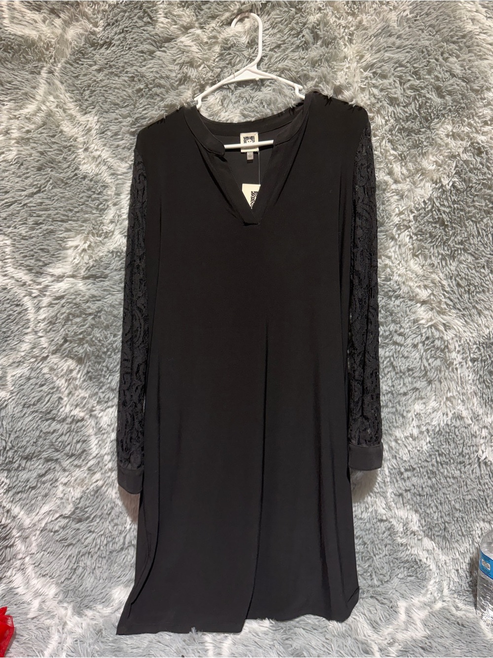 Anne Klein Black V-Neck Dress with Lace Long Sleeves